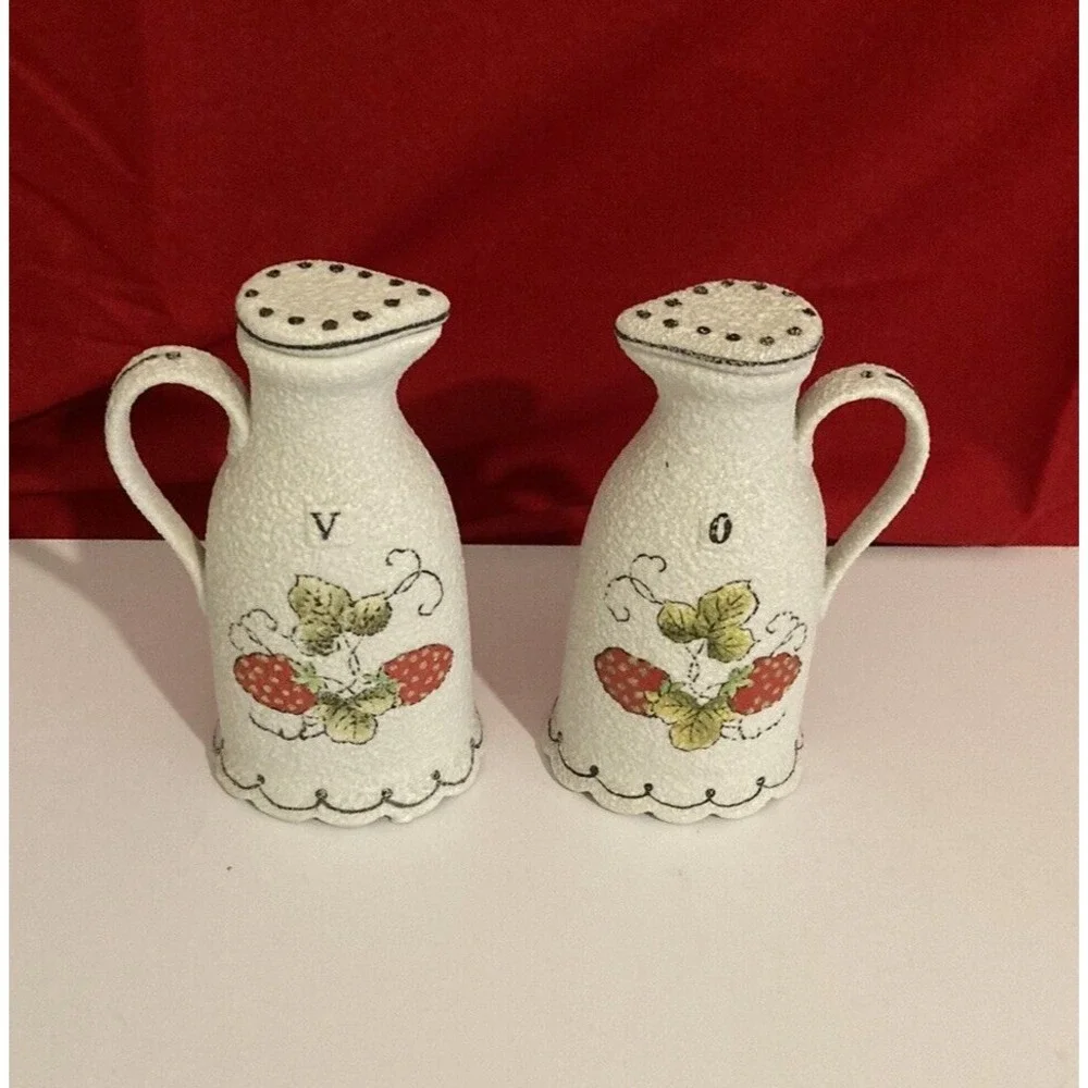 Textured Finish Ceramic Oil & Vinegar Cruet Set Strawberry Motif Vtg White MCM